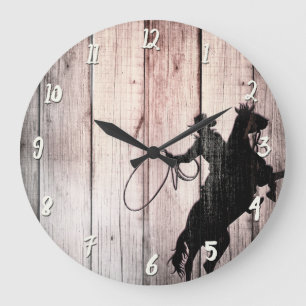 Grande Horloge Ronde Cowboy Rustique Bois Grange Pays de l'Ouest Sauvag