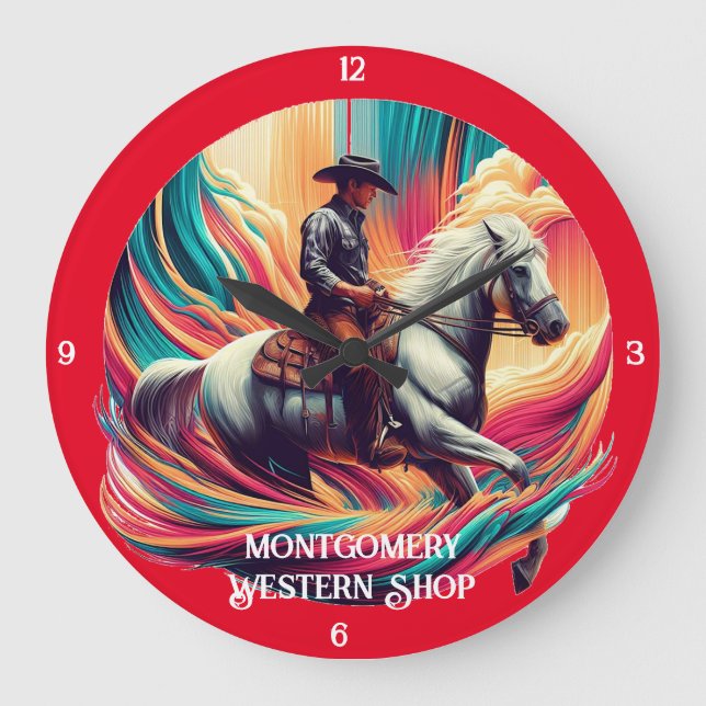 Grande Horloge Ronde Cowboy sur Horseback Vibrant Art (Recto)