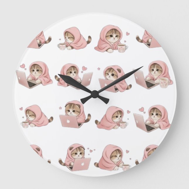 Grande Horloge Ronde Cozy Gaming Cat Pattern - Aesthetic Pink Hoodie Ki (Recto)
