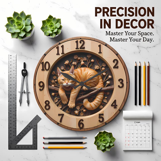 Grande Horloge Ronde Cozy Orange Tabby Cat Wood (Créateur téléchargé)