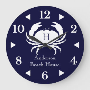 Grande Horloge Ronde Crabe blanc marine bleu côtier