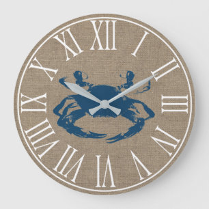 Grande Horloge Ronde Crabe Bleu Côtier & Faux Burlap