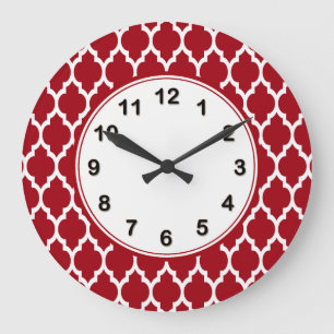 Grande Horloge Ronde Cranberry Red White Marocain Quatrefoil Motif #4