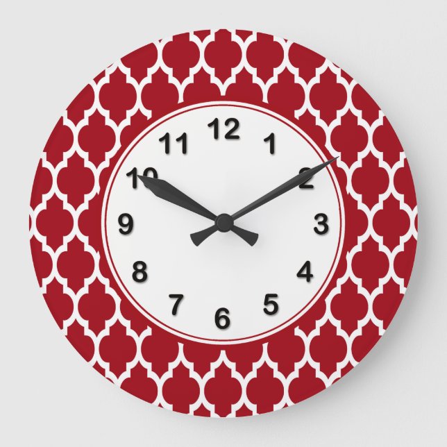 Grande Horloge Ronde Cranberry Red White Marocain Quatrefoil Motif #4 (Recto)