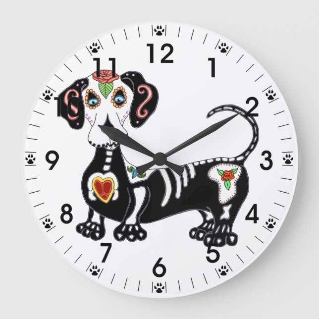 Grande Horloge Ronde Crâne à sucre Dachshund (Recto)