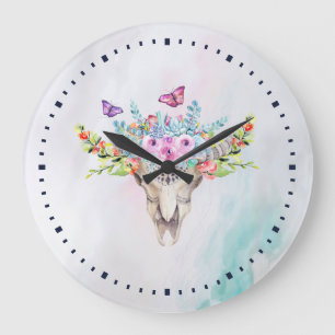 Grande Horloge Ronde Crâne animal Boho avec papillons et fleurs