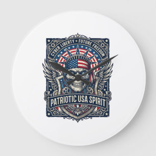 Grande Horloge Ronde Crâne Cyber Liberté Patriotique Futur Cyberpunk Gr