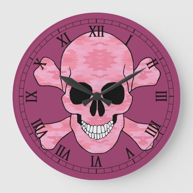 Grande Horloge Ronde Crâne De Camo Rose Et Crossbones Numérique Romain  (Recto)