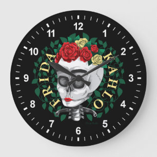 Grande Horloge Ronde Crâne de Frida Kahlo   avec la couronne rose
