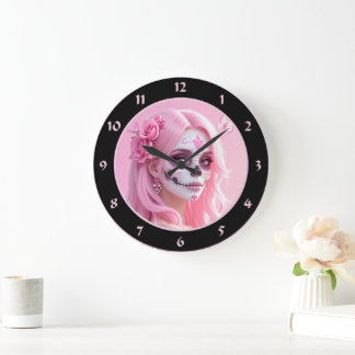 Grande Horloge Ronde Crâne de sucre Pink Lady