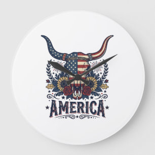 Grande Horloge Ronde Crâne de taureau patriotique Amérique vintage 4 ju