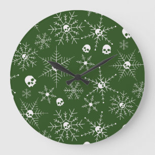 Grande Horloge Ronde Crâne effrayant Creepmas Noël Snowflakes vert