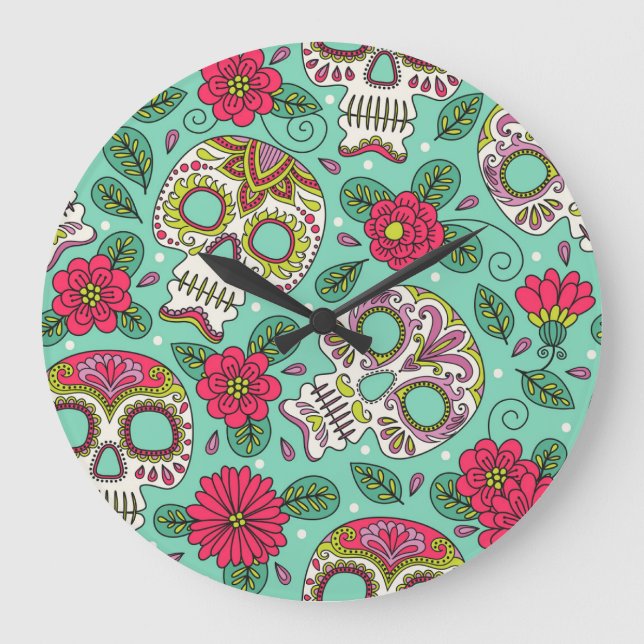Grande Horloge Ronde Crâne et fleurs mexicaines, sans soudure. (Recto)