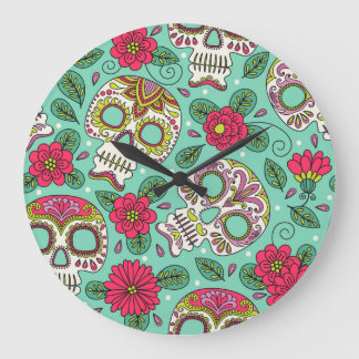 Grande Horloge Ronde Crâne et fleurs mexicaines, sans soudure.
