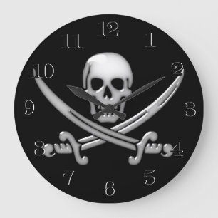 Grande Horloge Ronde Crâne et os croisés des épées du pirate de verre