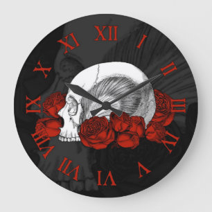 Grande Horloge Ronde Crâne et roses rouges