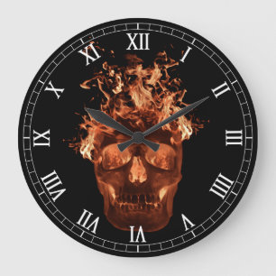 Grande Horloge Ronde Crâne flamboyant orange Numéros romains ronds Horl