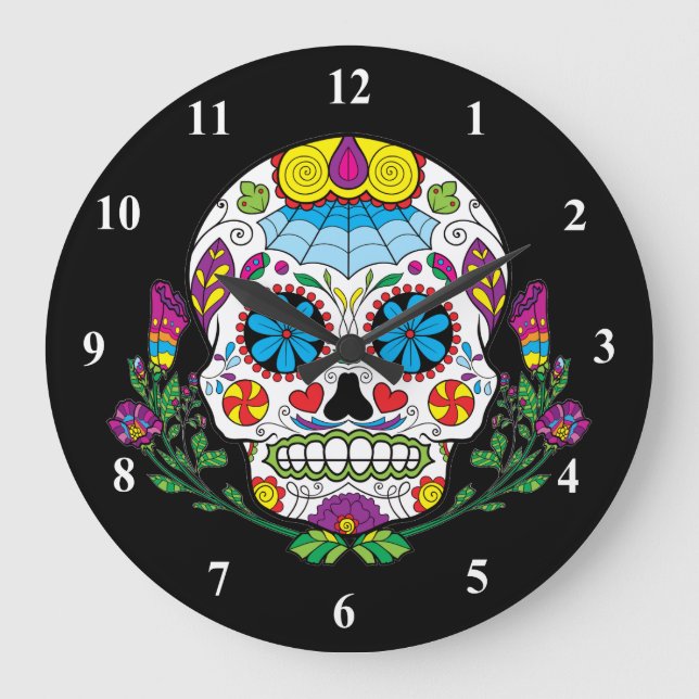 Grande Horloge Ronde Crâne mexicain coloré de sucre de tatouage de (Recto)