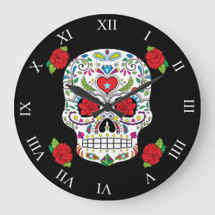 Grande Horloge Ronde Crâne mexicain de sucre de tatouage et roses