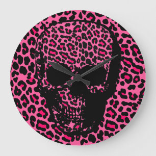 Grande Horloge Ronde Crâne punk à peau de léopard rose