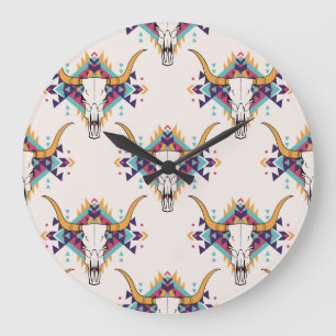 Grande Horloge Ronde Crâne taureau de la tribu : Boho Seamless