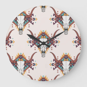 Grande Horloge Ronde Crâne taureau de la tribu : Boho Seamless