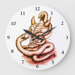 Grande Horloge Ronde Crâne - Tête diabolique avec serpent