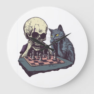 Grande Horloge Ronde Crâne vs Chat � Drôle de bataille d'échecs