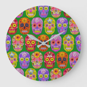 Grande Horloge Ronde Crânes de fleurs Motif sans soudure 2018