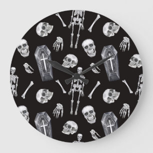 Grande Horloge Ronde Crânes déplaisants : Motif d'aquarelle d'Halloween