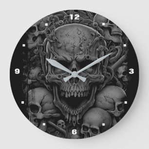 Grande Horloge Ronde Crânes gris noir effrayant motard gothique Hallowe