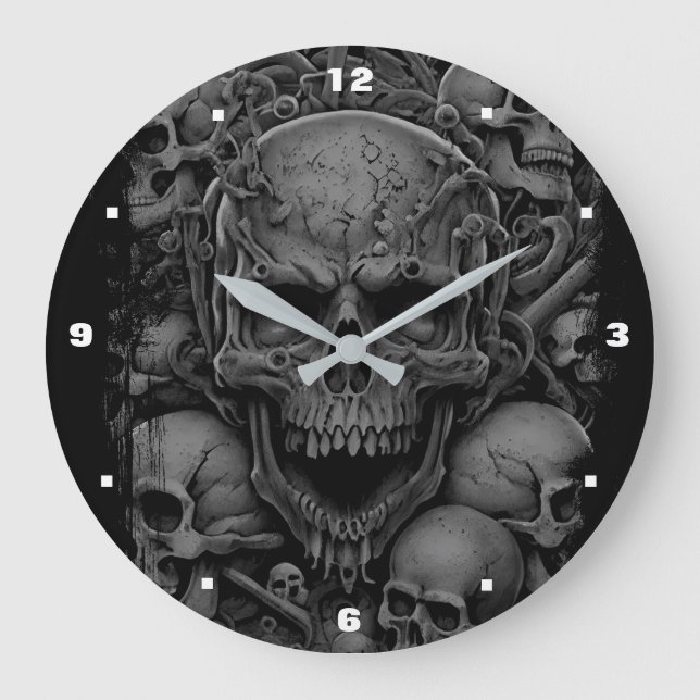 Grande Horloge Ronde Crânes gris noir effrayant motard gothique Hallowe (Recto)
