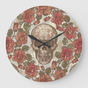 Grande Horloge Ronde Crânes rétro et ornement Rose