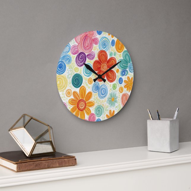 Grande Horloge Ronde Crayon Doodle Daisy Design (Bureau)