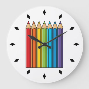 Grande Horloge Ronde Crayons de couleur arc-en-ciel