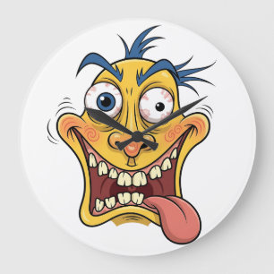 Grande Horloge Ronde Crazy Cartoon Face - Drôle Wacky Expression Design