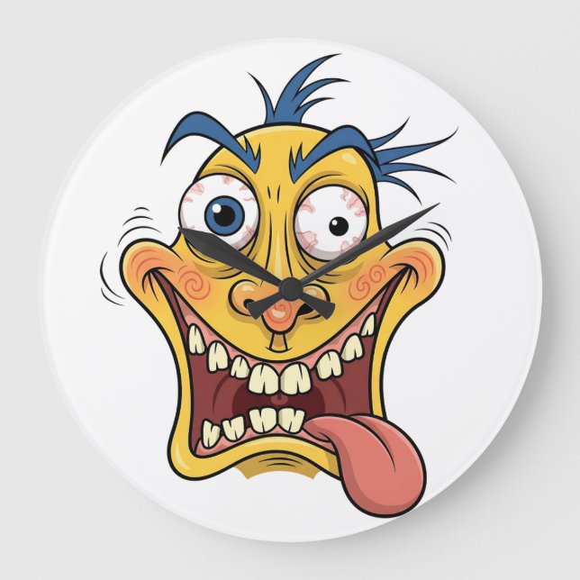 Grande Horloge Ronde Crazy Cartoon Face - Drôle Wacky Expression Design (Recto)
