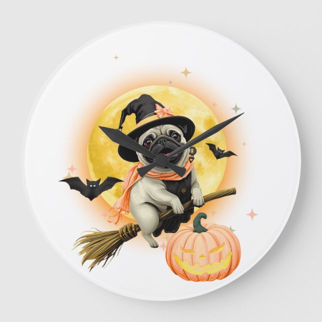 Grande Horloge Ronde Crazy Happy Halloween Carlin chevaucher une chambr (Recto)