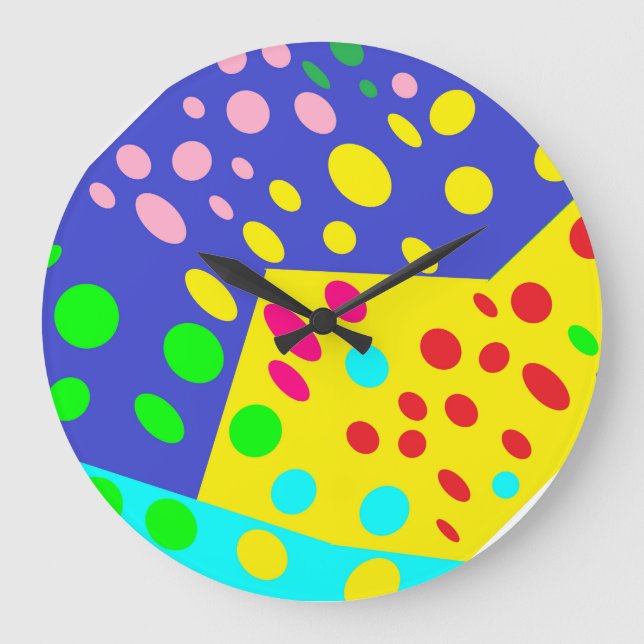 Grande Horloge Ronde Crazy mignon pots design jaune blues rouges (Recto)