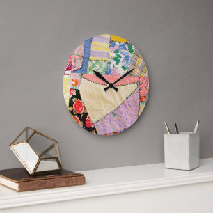 Grande Horloge Ronde Crazy Patchwork Quilt Avec Zigzag Stitch