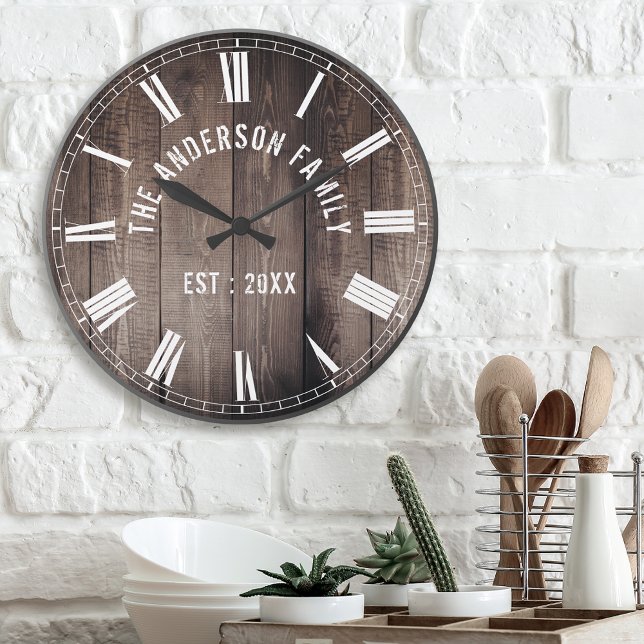 Grande Horloge Ronde Create Your Custom Family Nom Rustic Farmhouse (Créateur téléchargé)