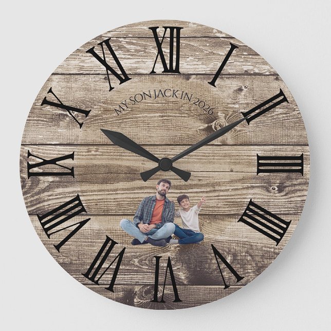 Grande Horloge Ronde Create Your Own Photo Rustic Wood Clock (Créateur téléchargé)