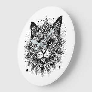 Grande Horloge Ronde Création de chat à motif mandala