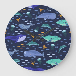 Grande Horloge Ronde Créatures marines : baleines, méduses motif.