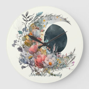 Grande Horloge Ronde Créez Votre Propre Croissant de Lune Floral Clair