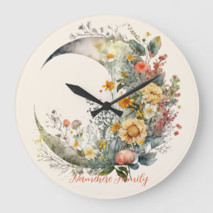 Grande Horloge Ronde Créez Votre Propre Croissant de Lune Floral Ensole