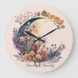 Grande Horloge Ronde Créez Votre Propre Croissant de Lune Floral Mystiq