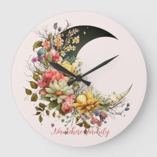 Grande Horloge Ronde Créez votre propre croissant de lune floral printa