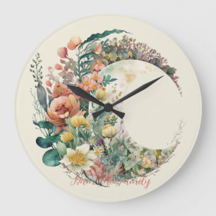 Grande Horloge Ronde Créez Votre Propre Lune Croissante Florale Tropica