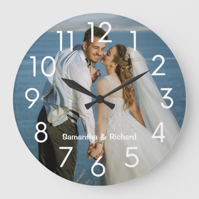Grande Horloge Ronde Créez votre propre nom personnalisé photo Mariage (Recto)